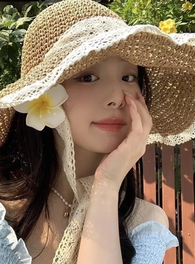 防晒帽子女夏草帽韩版系带镂空草编帽出游沙滩太阳帽蕾丝边遮阳帽