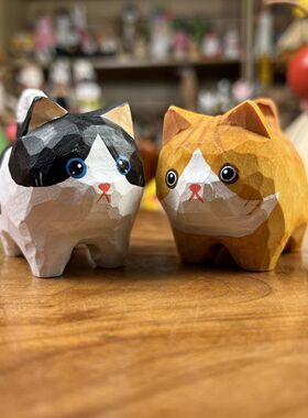 手工木雕可爱猫咪橘猫奶牛猫桌面摆件送男女朋友同学