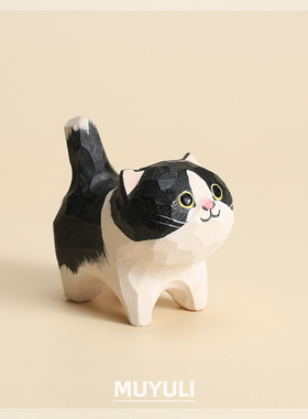 手工木雕狸花猫创意摆件小猫咪工位桌面小饰品办公室木质装饰品女