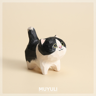 手工木雕狸花猫创意摆件小猫咪工位桌面小饰品办公室木质装饰品女