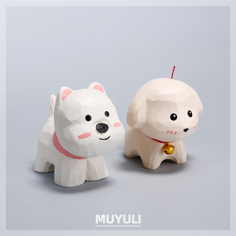 纯手工木雕西高地电脑桌面摆件小狗狗情侣一对装饰品可爱闺蜜礼物