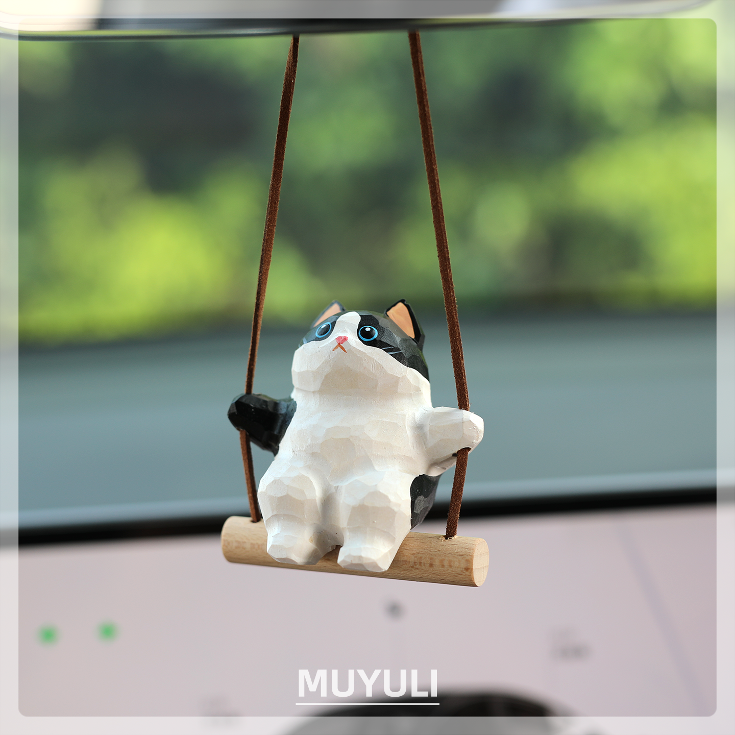 手工木雕奶牛猫丨猫咪车内后视镜车载车挂汽车吊坠挂件挂饰女礼物