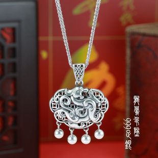 足银神龙凤凰吊坠单坠镂空金钱国潮毛衣链 999纯银龙凤情侣项链女