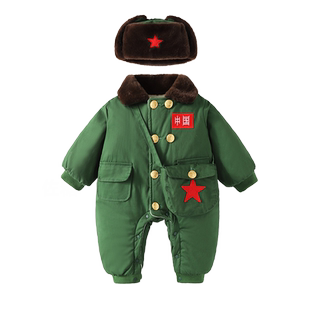 婴儿衣服冬装加绒保暖军装满月宝宝小红军连体棉衣周岁军大衣爬服