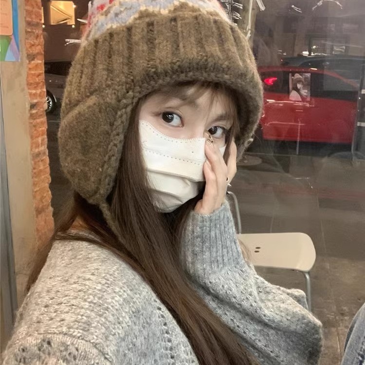 费尔岛风可爱保暖护耳毛线帽女2024新款秋冬帽子大头围百搭雷锋帽