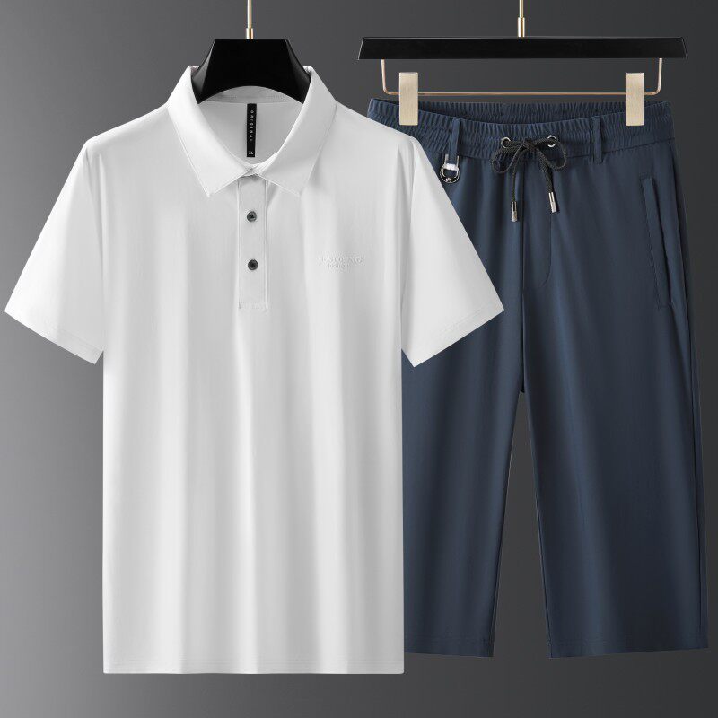 男士冰丝套装夏季新款薄款POLO衫休闲套装七分裤子运动凉感两件套