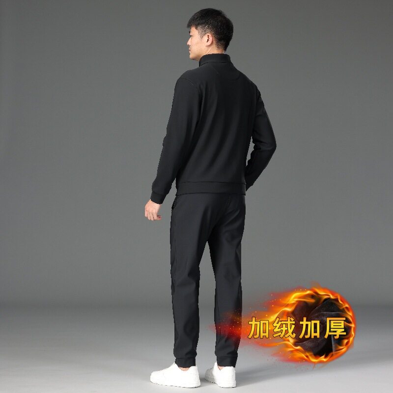 加绒男士运动服套装秋冬季新长袖长裤两件套立领工装休闲加厚套装