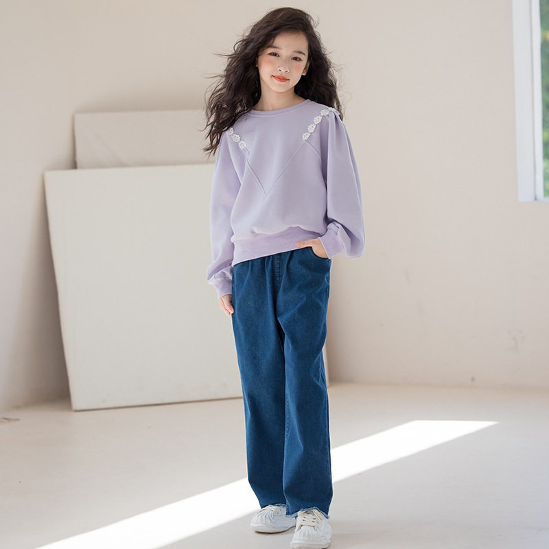 女童牛仔裤套装2026春秋9-12岁女孩衣服中大童卫衣阔腿裤两件套棉