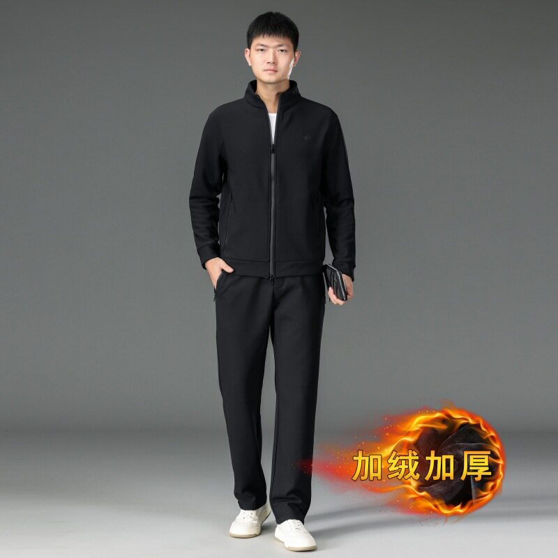 加绒休闲套装男士加厚运动服套装秋冬新款男装夹克外套衣服两件套