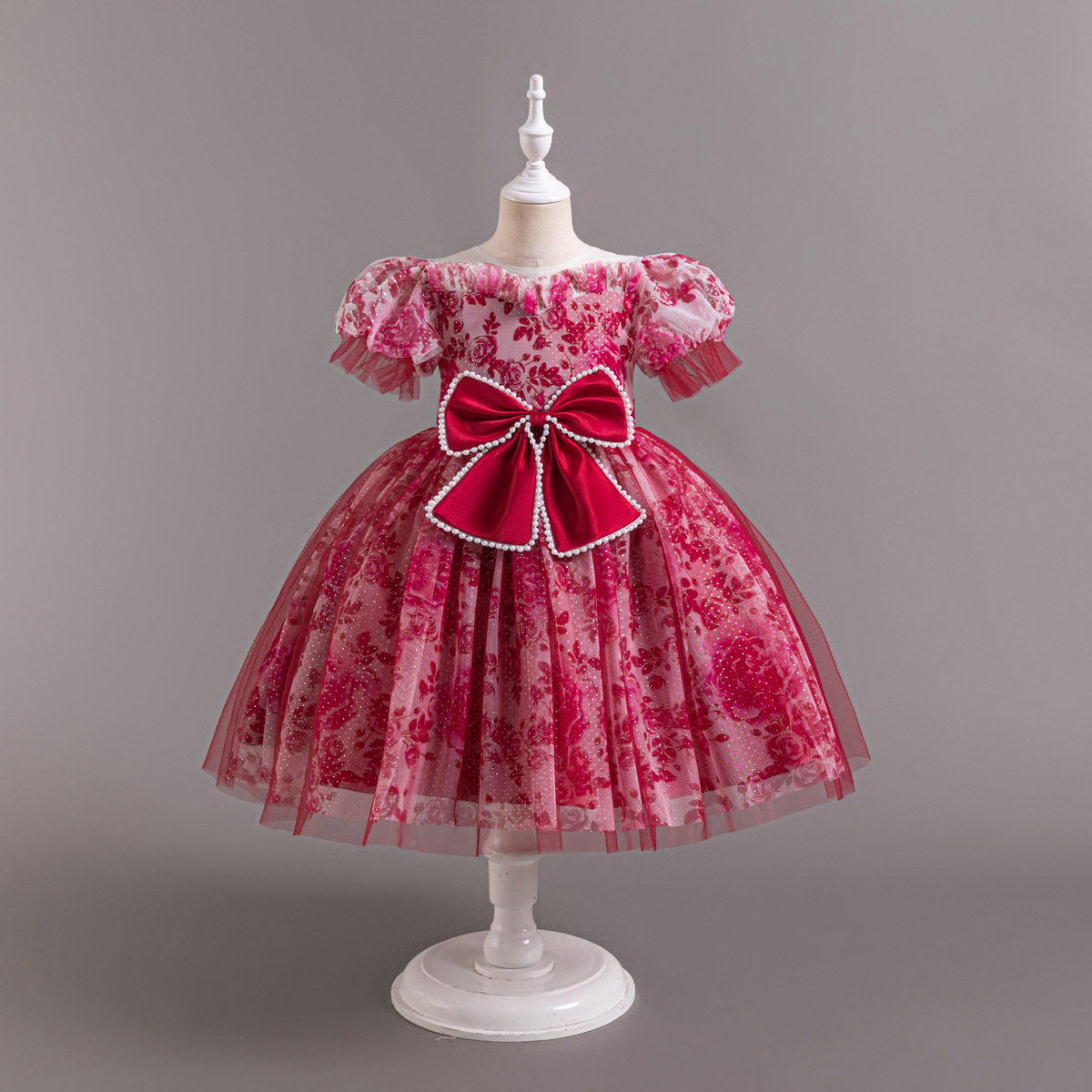 女童跨境直供小碎花缎布花朵网纱儿童女孩生日公主裙礼服连衣裙