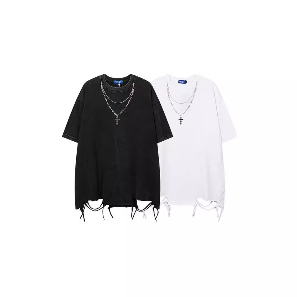 欧美嘻哈短袖做旧水洗破烂T恤男女国潮牌街头项链半袖宽松休闲tee