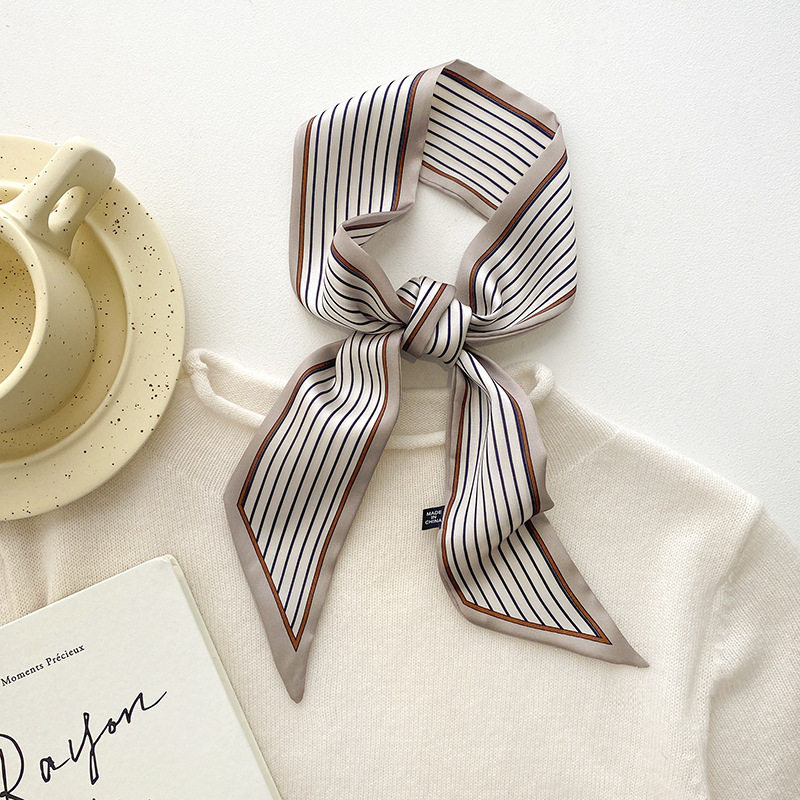 2026年丝巾窄长款条纹双层小领巾春秋韩国飘带围巾ins潮绑发头巾