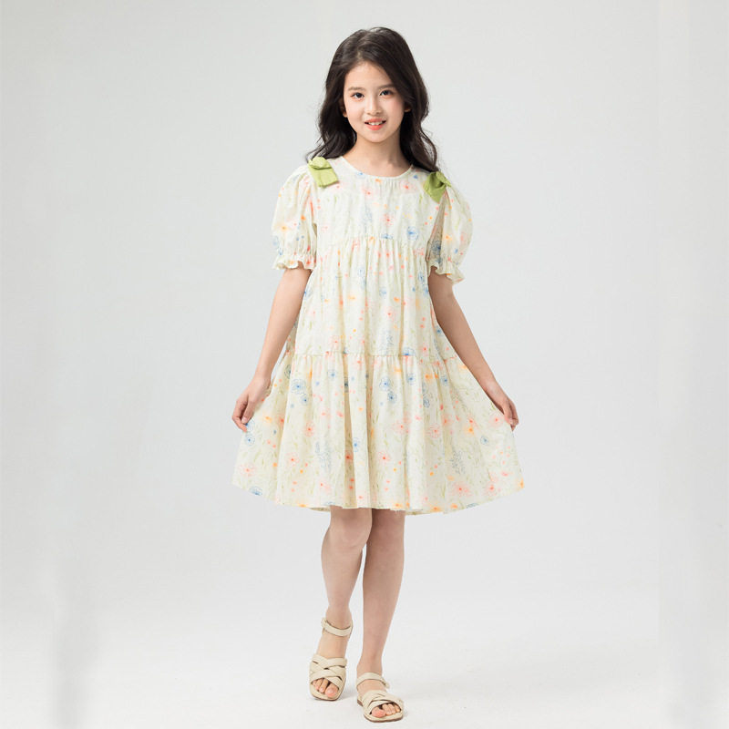 童裙女童夏装连衣裙薄款儿童泡泡袖满印碎花裙甜美蝴蝶结大童裙子