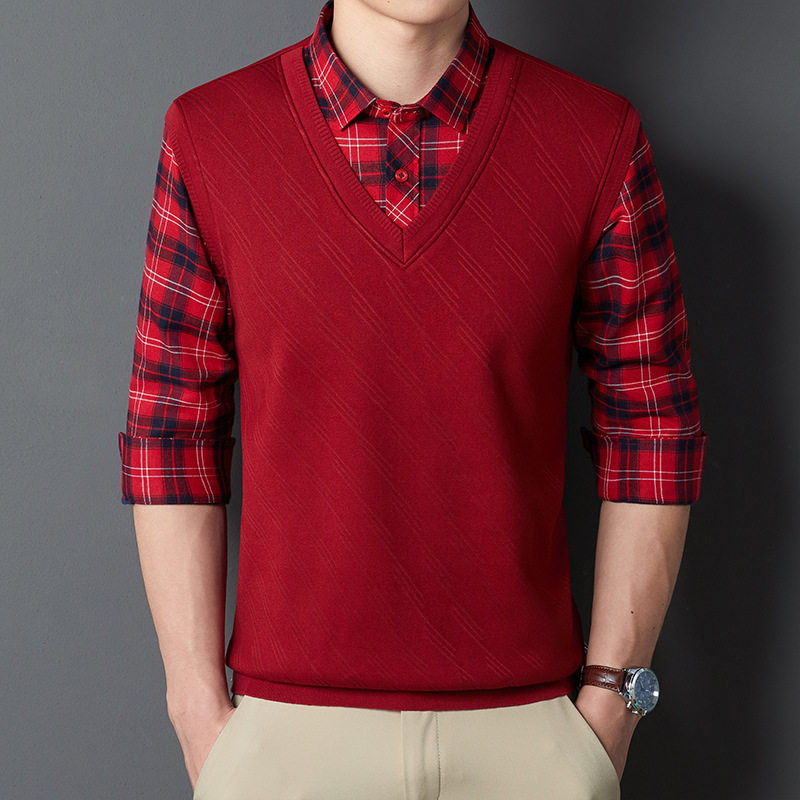 男士假两件毛衣男长袖套头衫衬衫领中老年保暖加绒加厚针织衫背心