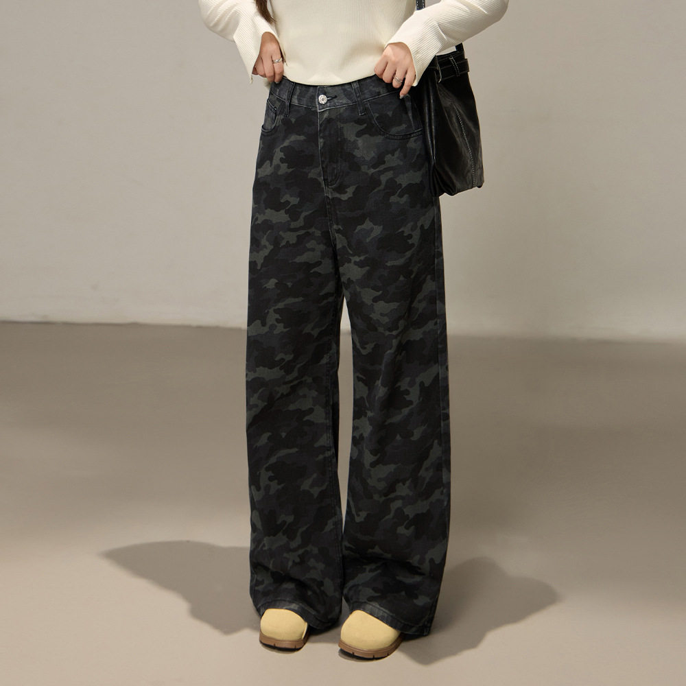2026春美式迷彩阔腿牛仔裤秋装女装新款胖mm大码女装宽松显瘦裤子