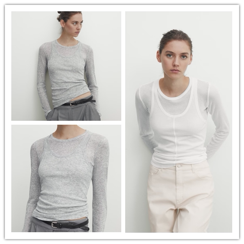 西班牙单 现货MD假两件休闲极简修身设计感双层长袖针织T恤打底衫