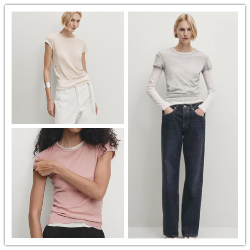 西班牙单 现货MD休闲亲肤透气纯棉修身圆领短袖T恤微透打底衫上衣