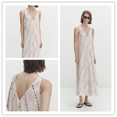 MD女装新款法式小香风圆点印花亚麻透气吊带中长连衣裙无袖背心裙