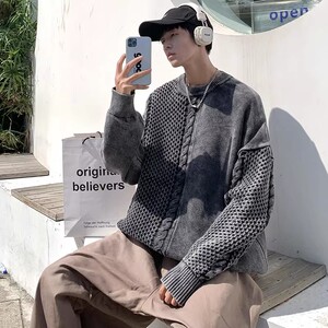 709-2-MY35-P115 春单人 水洗全棉拼麻花辫套头宽松大码毛衣男图片