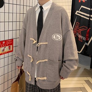牛角扣开衫毛衣男春秋大码宽松2024年新款慵懒风复古V领针织外套图片