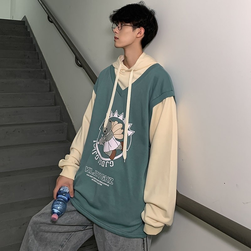 709-2-W017-P55春单人港风假两件小熊印花连帽百搭卫衣潮流,男装卫衣,星座709-2