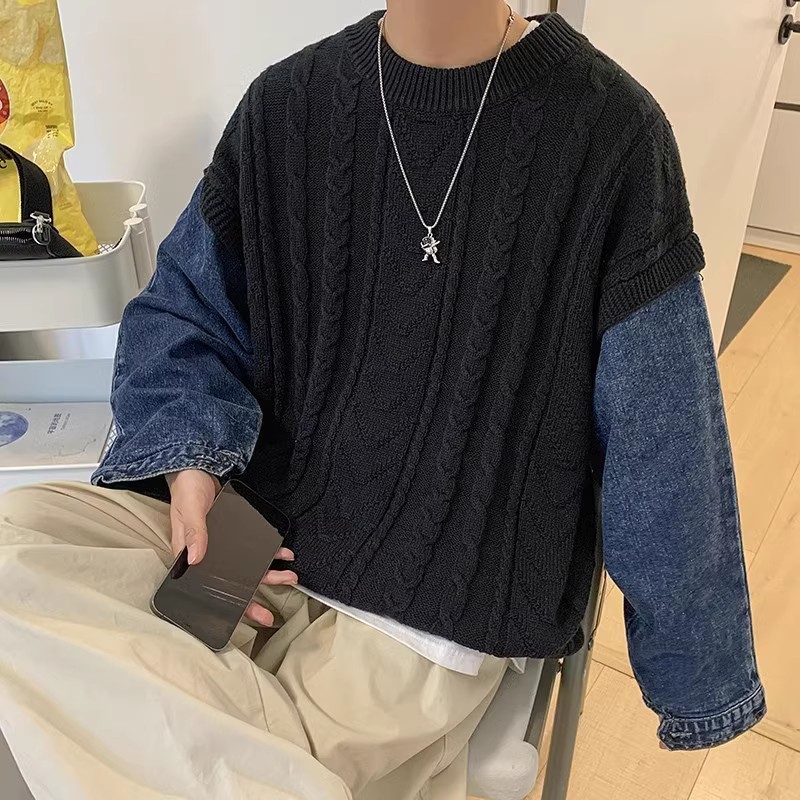 709-2-MY25-P100春单人港风休闲复古圆领牛仔拼接百搭毛衣男,男装针织衫/毛衣,星座709-2