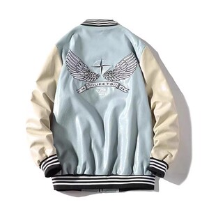 709-2-JK103-P110 春白底 多标刺绣棒球服皮衣夹克外套男潮流图片