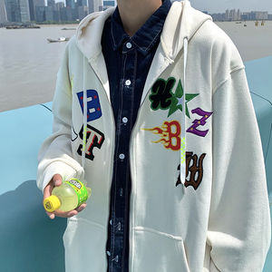 709-2-W609-P80 春单人 连帽新华夫格多色贴布印花大码卫衣男图片