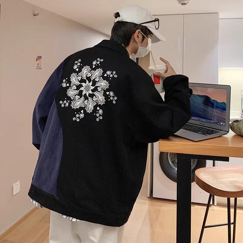 709-2-JK808-P100春单人港风印花牛仔拼灯芯绒百搭夹克外套,男装夹克,星座709-2