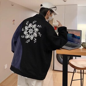 709-2-JK808-P100 春单人 港风印花牛仔拼灯芯绒百搭夹克外套图片