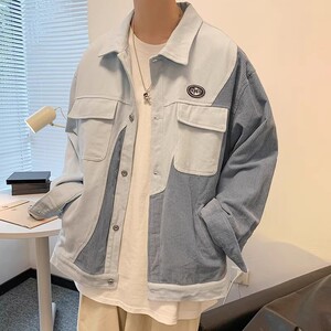 709-2-JK808-P100 春单人 港风印花牛仔拼灯芯绒百搭夹克外套图片