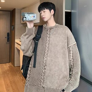709-2-MY35-P115 春单人 水洗全棉拼麻花辫套头宽松大码毛衣男图片