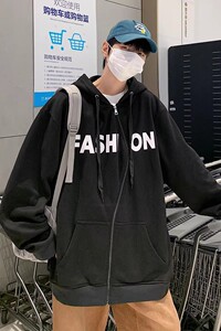709-2-W600-P80 春单人 弯拉链设计连帽英文印花百搭卫衣外套图片