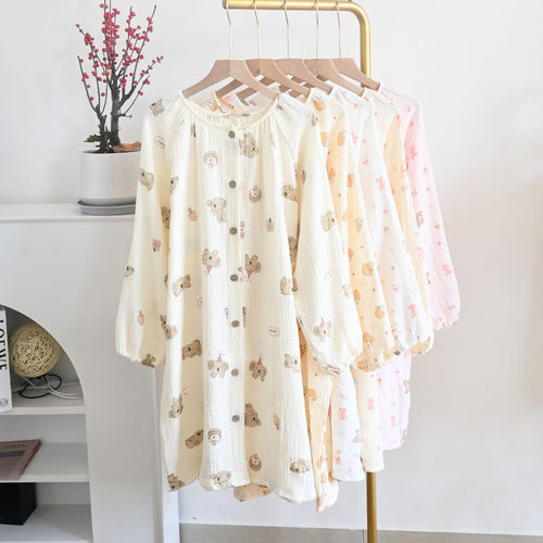 春季款小熊兔兔长袖睡裙可爱卡通ins甜美泡泡棉纱宽松家居可外穿