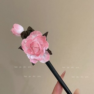 2025甜美港风粉色桃花发簪时尚 新中式 高颜值布艺花朵森簪夏季 新款