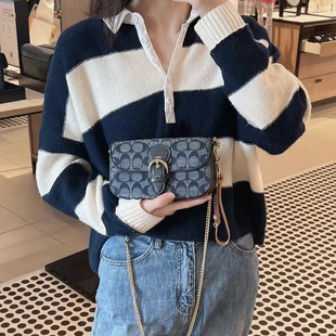 NCCS新款香布雷拼皮链条小方包欧美复古马鞍扣翻盖单肩斜挎包女