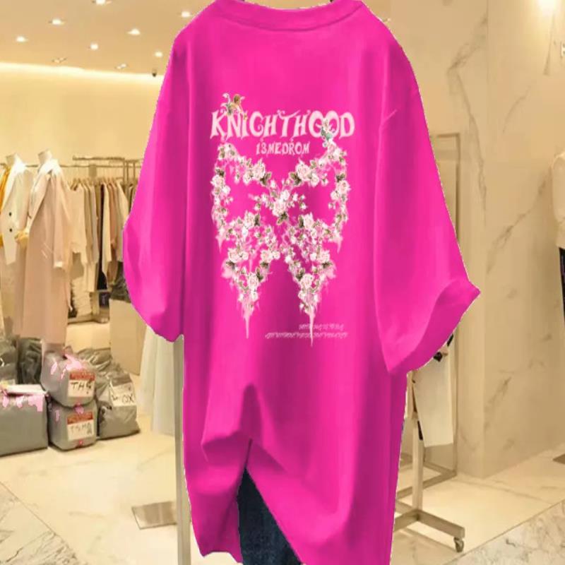 红色中长款新中式国风T恤女短袖印花夏纯棉大版宽松大码遮臀上衣