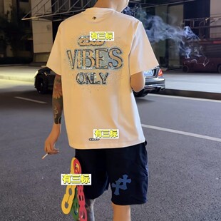 夏季新款good蓝色星河管珠袖标语t恤重磅短袖男网红同款宽松百搭