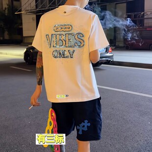 GO-26SS夏季新款蓝色星河管珠袖标语t恤重磅短袖男网红同款宽松