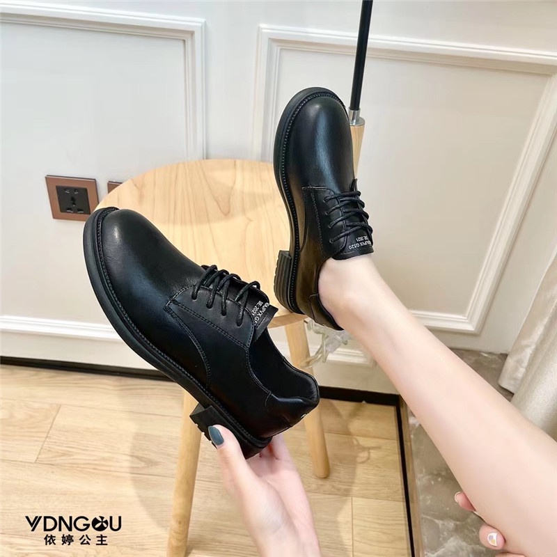 依婷公主女鞋 2021年新款秋季英伦风小皮鞋粗跟软底百搭系带单鞋