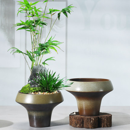 苔藓球竹子专用绿植家用高脚花盆花器复古禅意陶瓷门内竹轻奢花盆