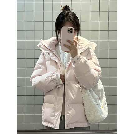 2026冬季新款羽绒服女中戏艺考短款白鸭绒粉色学生宽松加厚面包服
