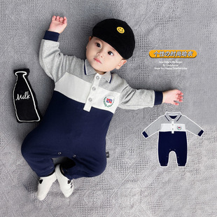 奥莱清仓新生婴儿哈衣英伦风绅士连体衣春秋纯棉长袖爬服宝宝撞色