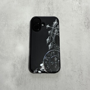 适用安卓苹果iPhone17ProMax16Pro15Pro手机壳 金属十字架克罗风黑色简约高级感手机壳 粗心袖 口