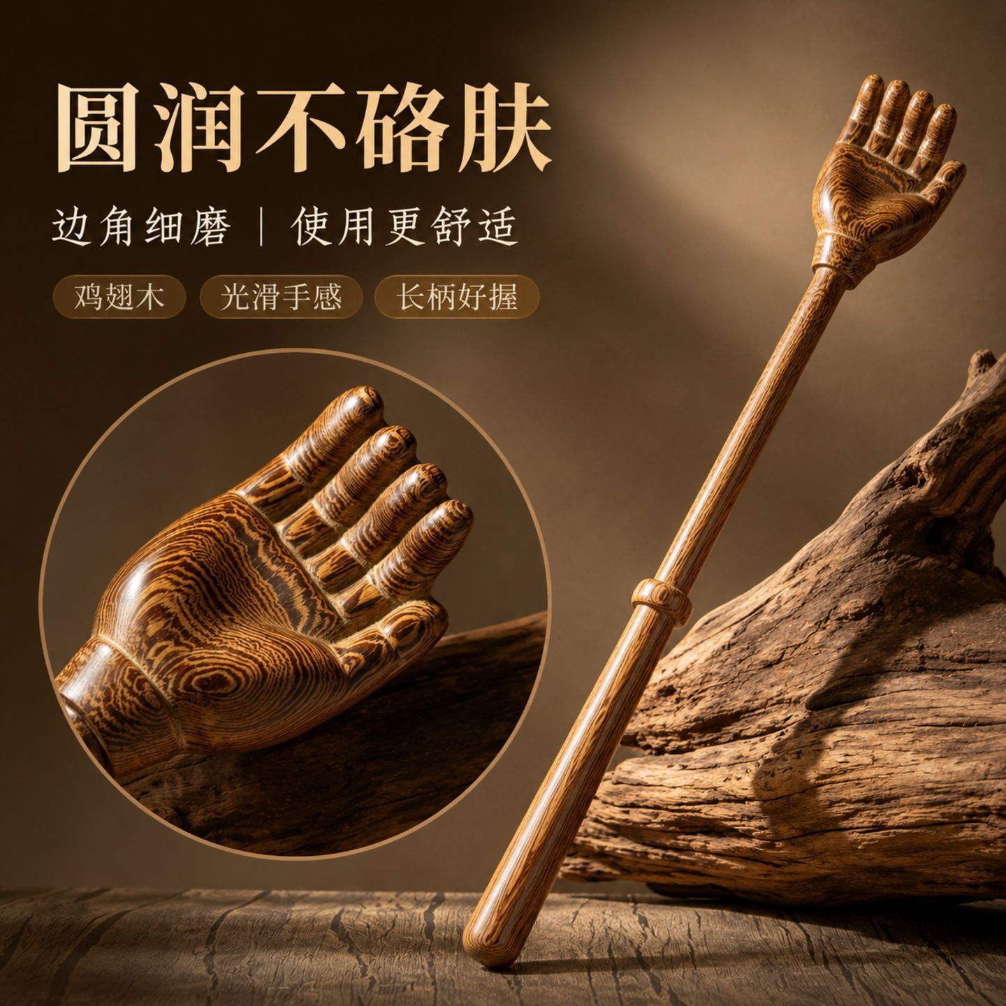鸡翅木质佛手爪按摩棒长