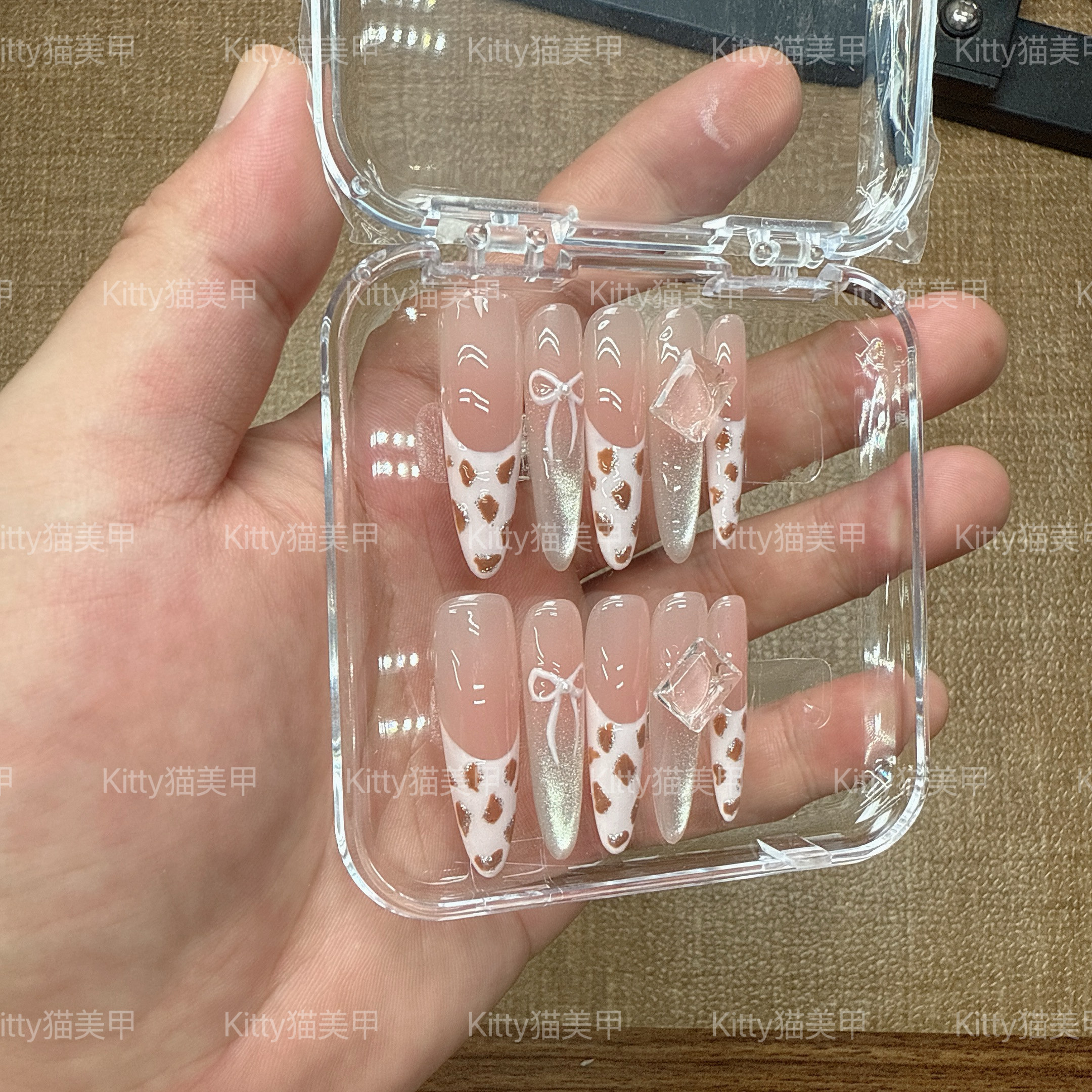 Kitty猫实拍粉豹纹手工奶油穿戴甲法式蝴蝶结猫眼显白美甲高级