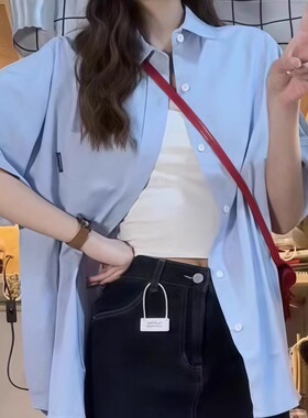 蓝色慵懒风短袖衬衫女款2025夏季新款宽松小众百搭设计感chic上衣