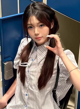 学院风蓝色条纹短袖衬衫女夏季新款蝴蝶结泡泡袖百搭小众休闲衬衣