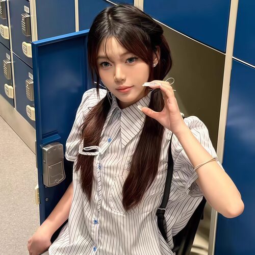 学院风条纹短袖衬衫蝴蝶结泡泡袖