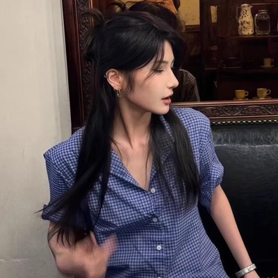 美式高级感蓝色格子短袖衬衫气质